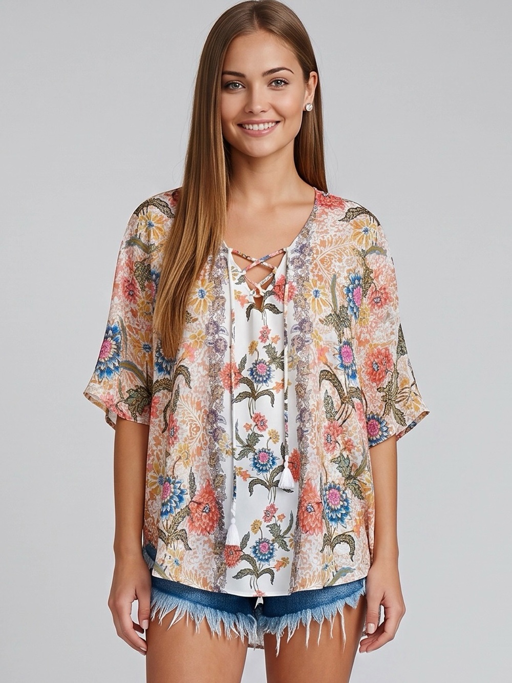 🌻Show Me Your Mumu Peta Tunic Boho Floral Lace Up V Neck Wide Sleeve Top XS